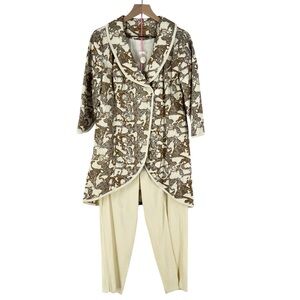 Midnight Velvet Linen Blend High Low Printed Wrap Jacket Cropped Pants Suit